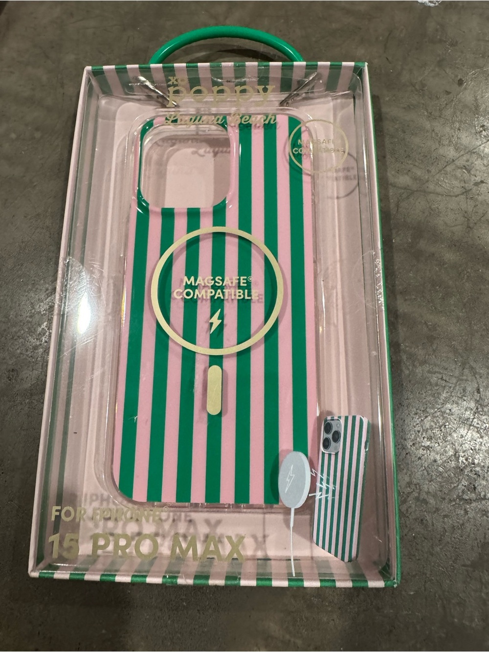 XO Poppy Striped MagSafe-Compatible iPhone 15 Pro Max Case - Pink & Green stripe